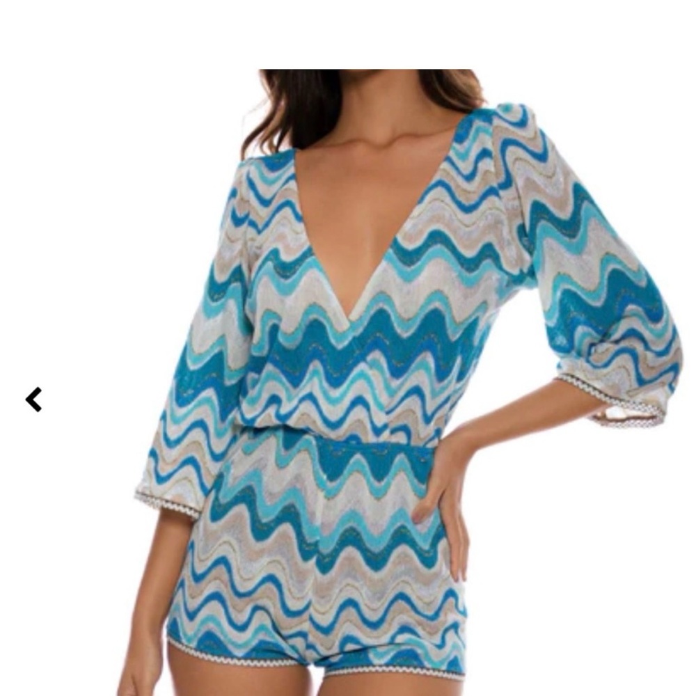Luli Fama Blue Teal Wave Print Swim Coverup Romper